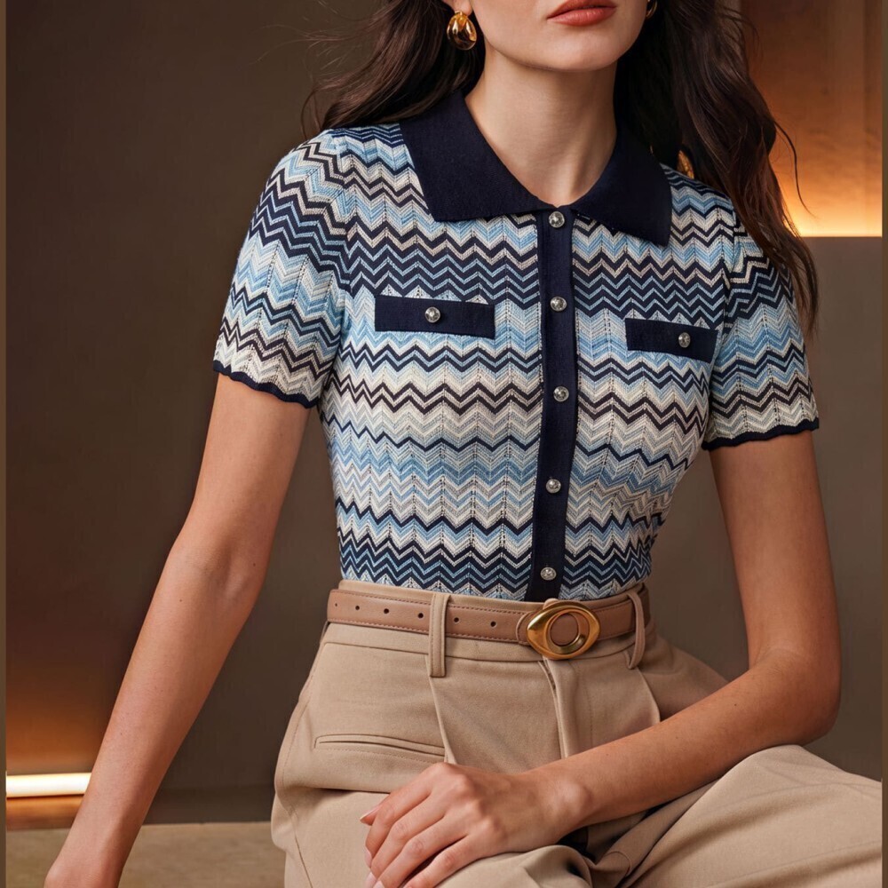 Blue Chevron Knit Contrast Collar Short Sleeve Button Front Polo Sweater